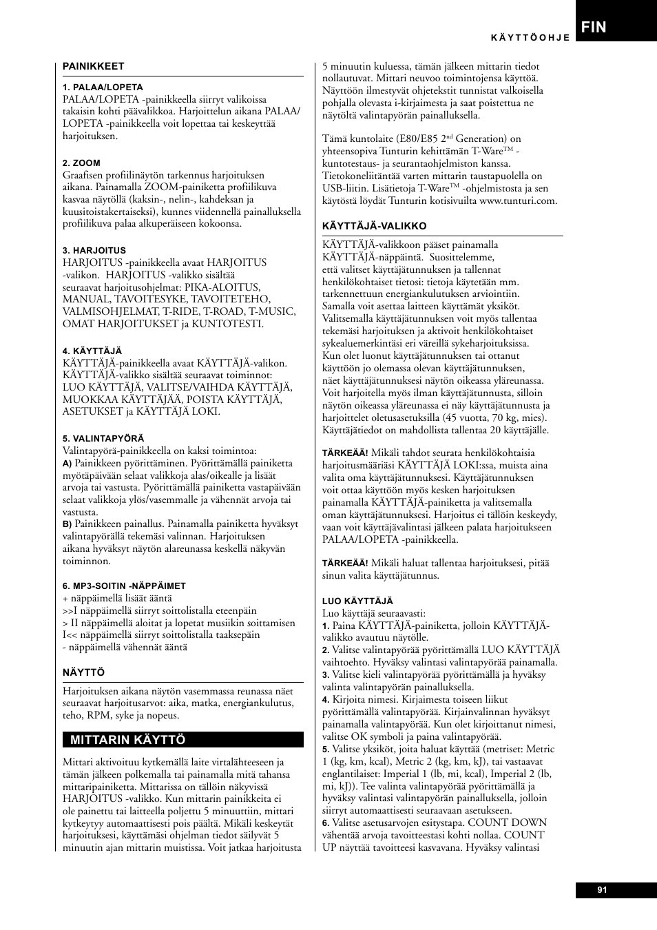 Tunturi E85 User Manual | Page 91 / 104