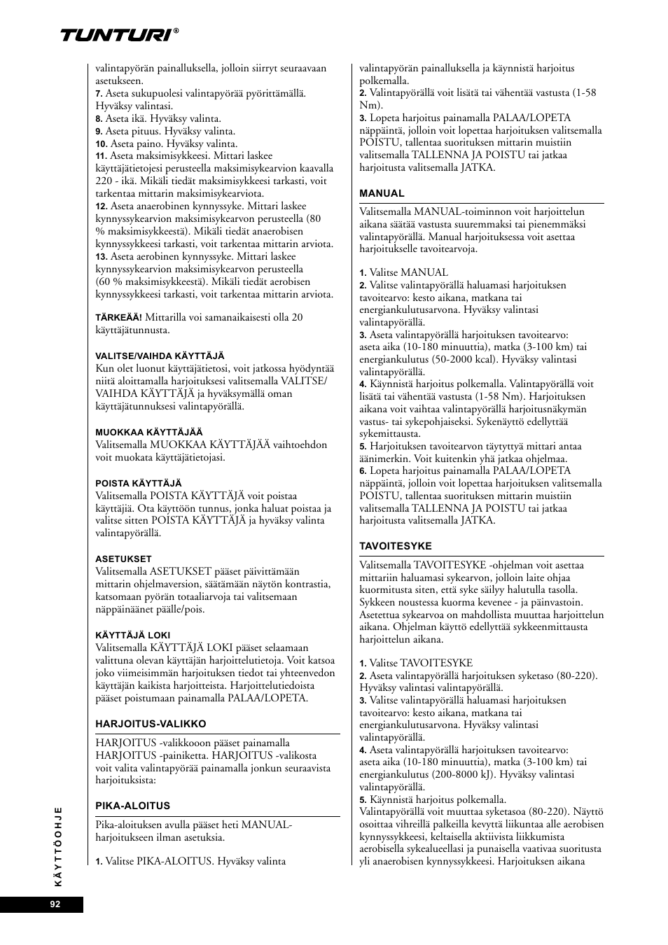 Tunturi E85 User Manual | Page 92 / 104