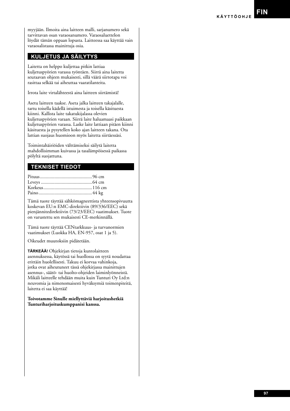 Tunturi E85 User Manual | Page 97 / 104