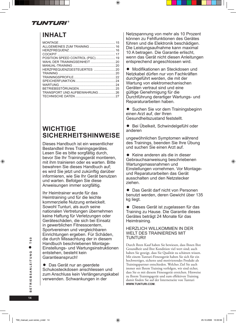Wichtige sicherheitshinweise, Inhalt | Tunturi T60 User Manual | Page 14 / 108
