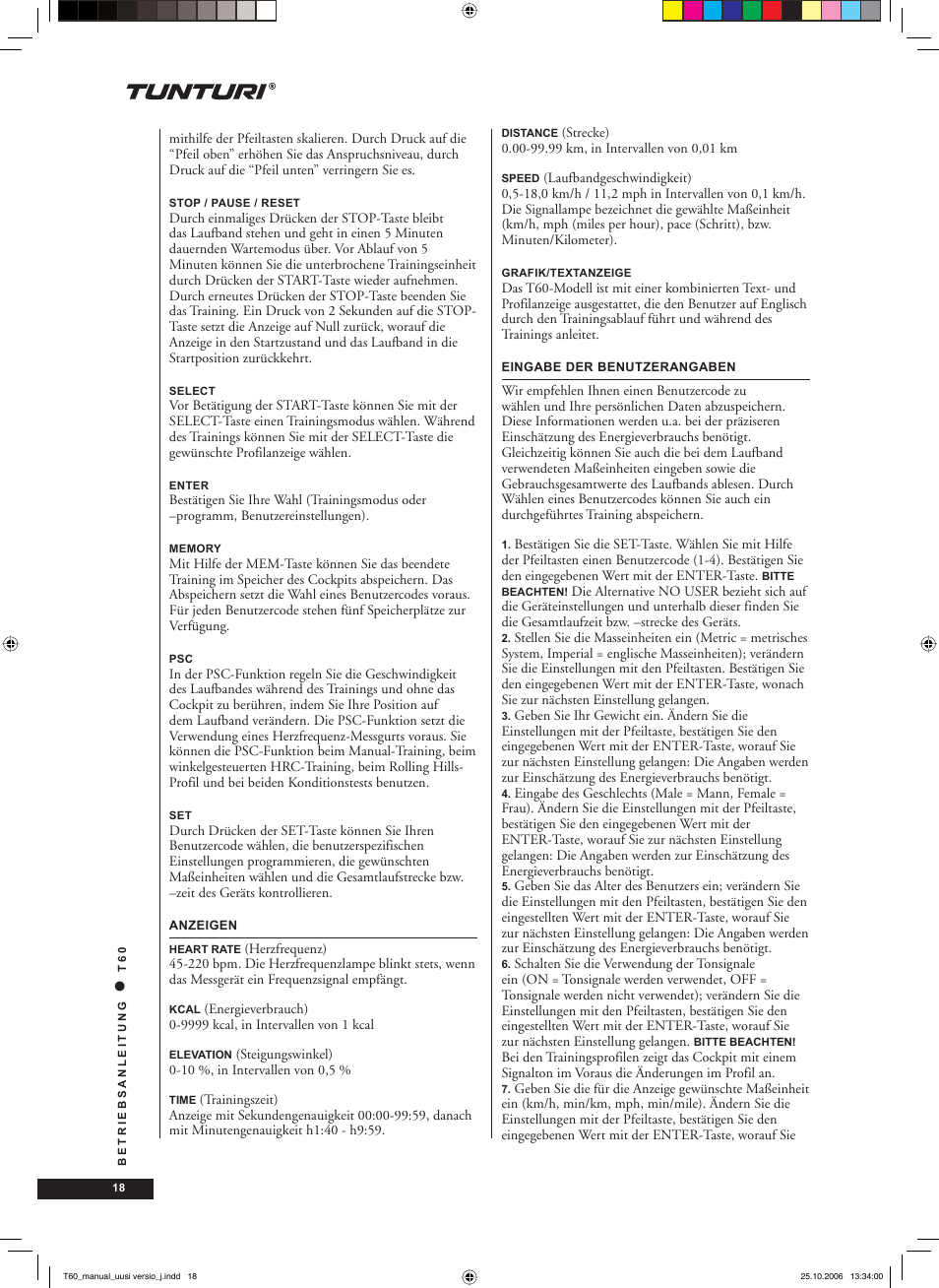 Tunturi T60 User Manual | Page 18 / 108