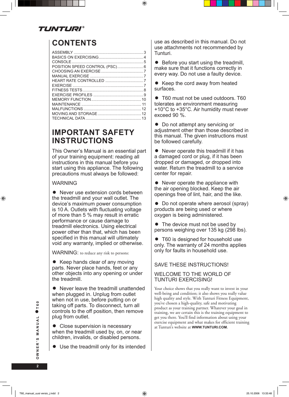 Tunturi T60 User Manual | Page 2 / 108