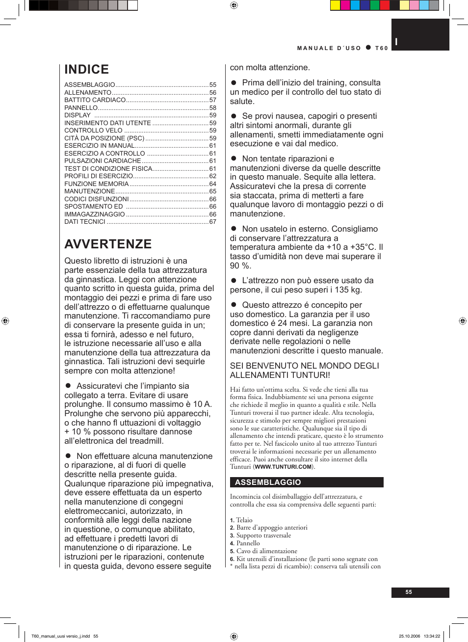 Avvertenze, Indice | Tunturi T60 User Manual | Page 55 / 108