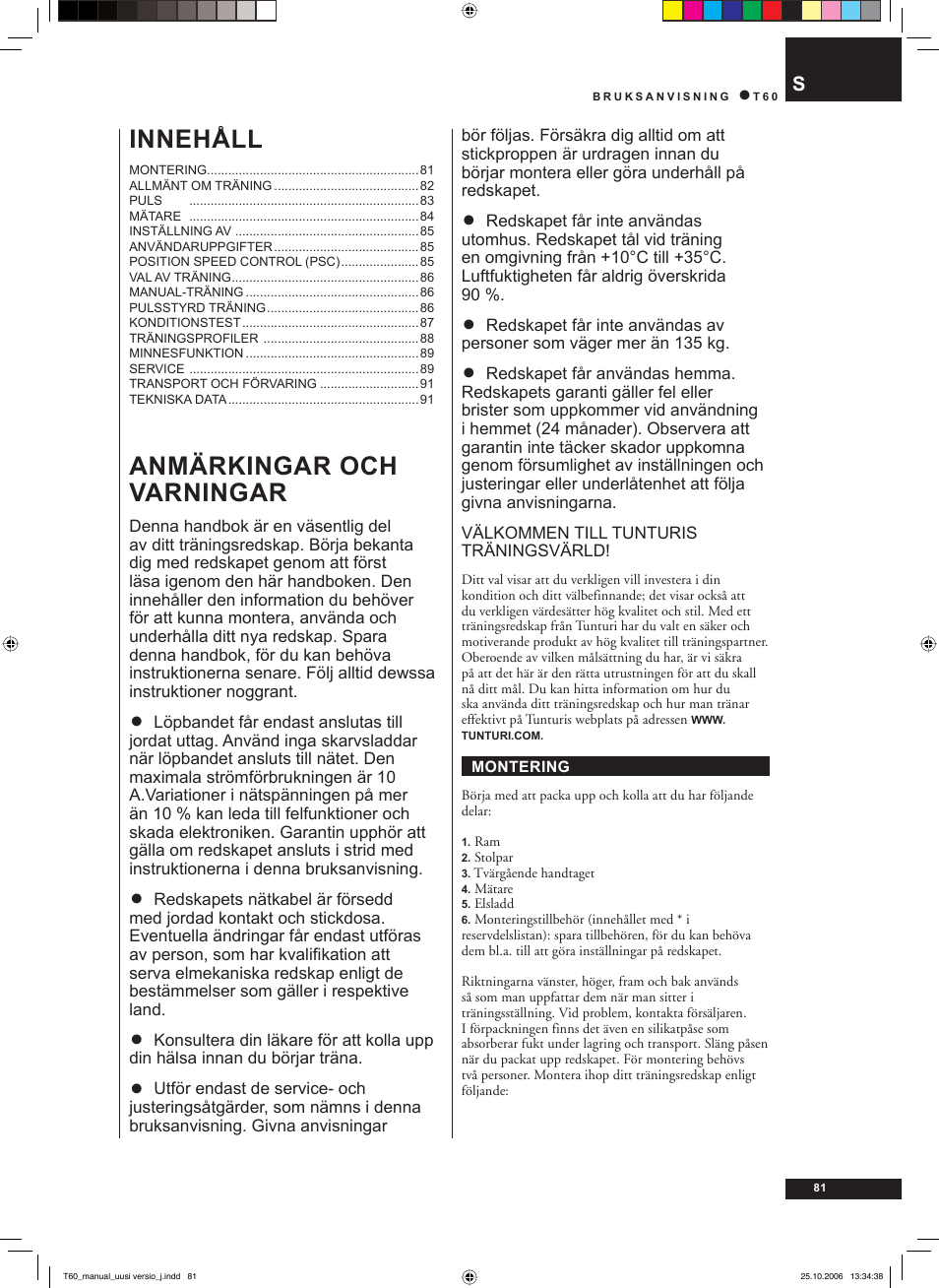 Anmärkingar och varningar, Innehåll | Tunturi T60 User Manual | Page 81 / 108