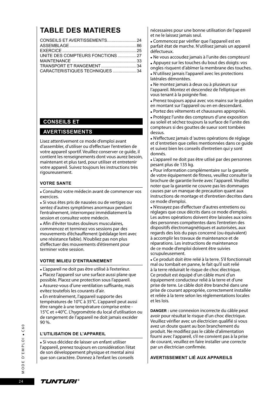 Table des matieres | Tunturi C60 User Manual | Page 24 / 92