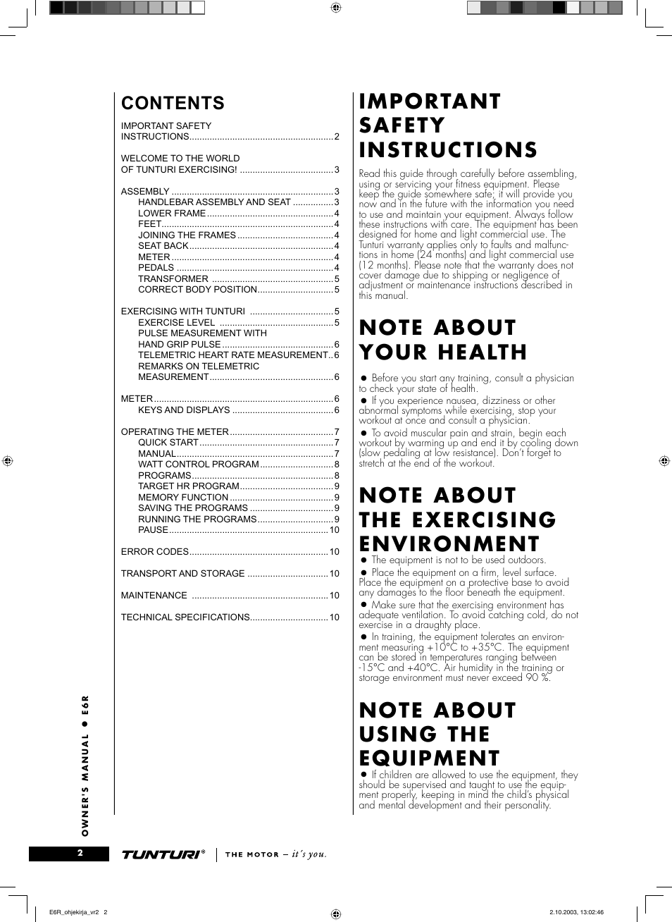 Tunturi E6R User Manual | Page 2 / 14