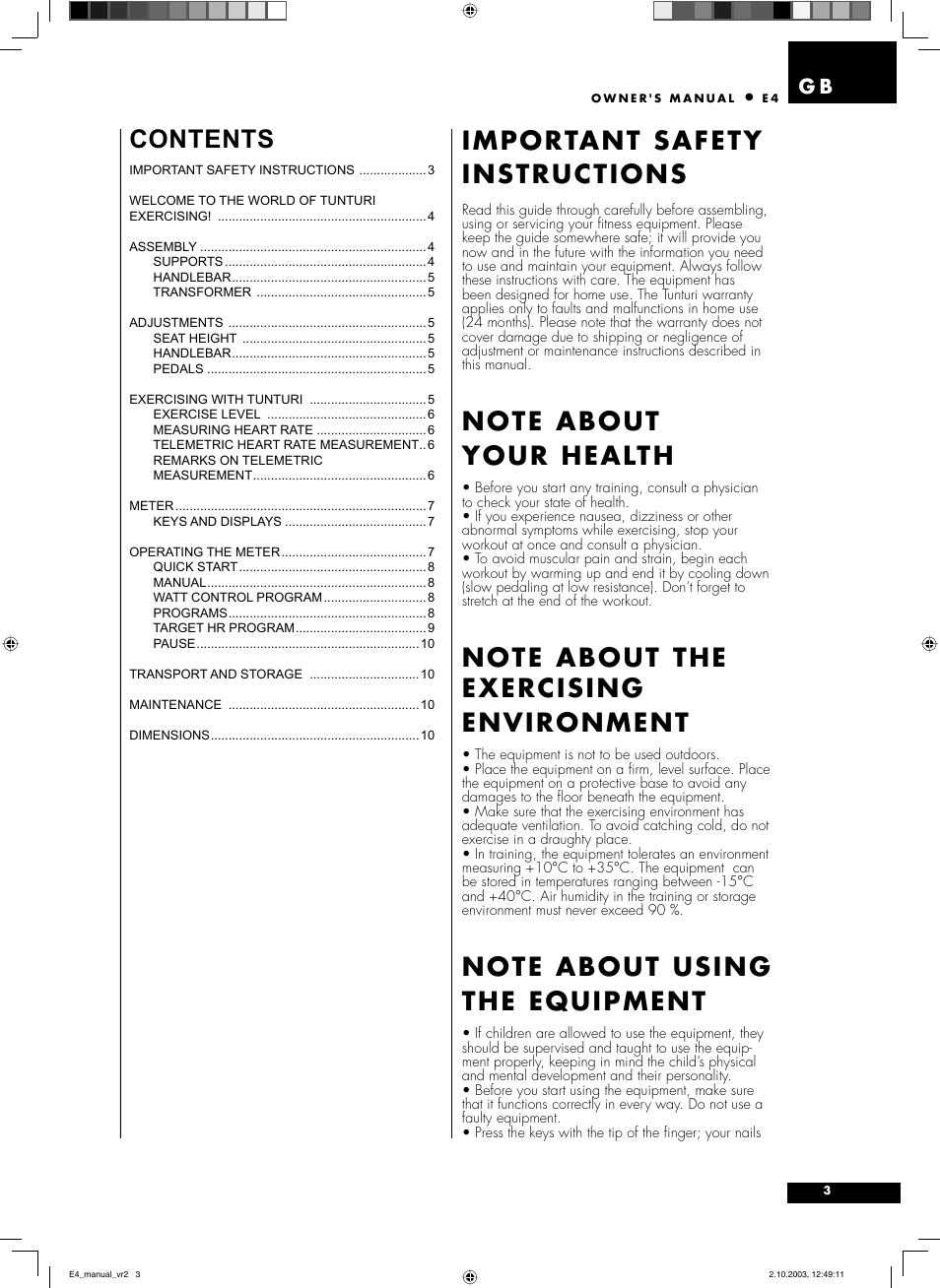 Tunturi E4 User Manual | Page 2 / 75