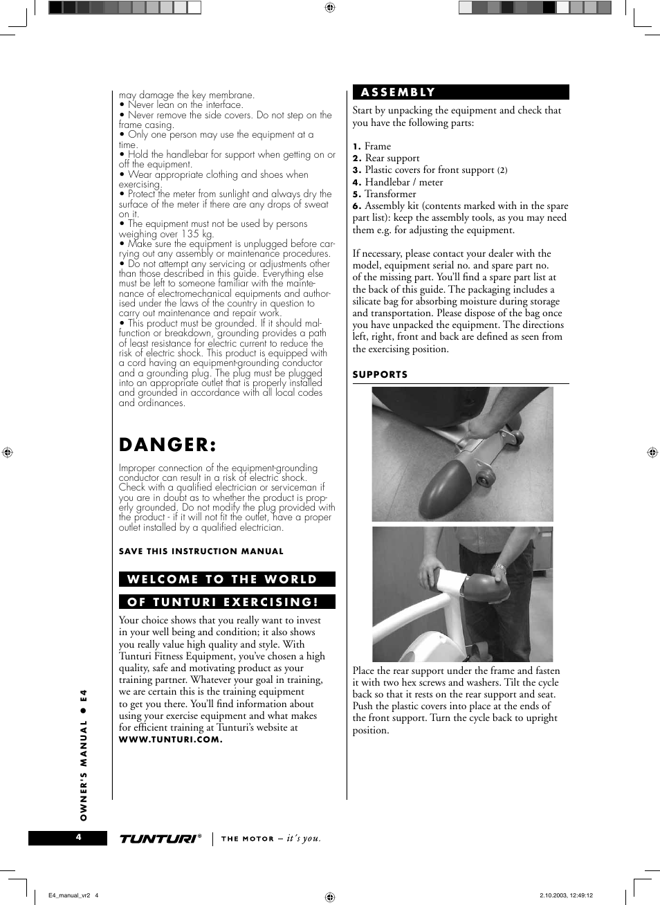 Danger | Tunturi E4 User Manual | Page 3 / 75