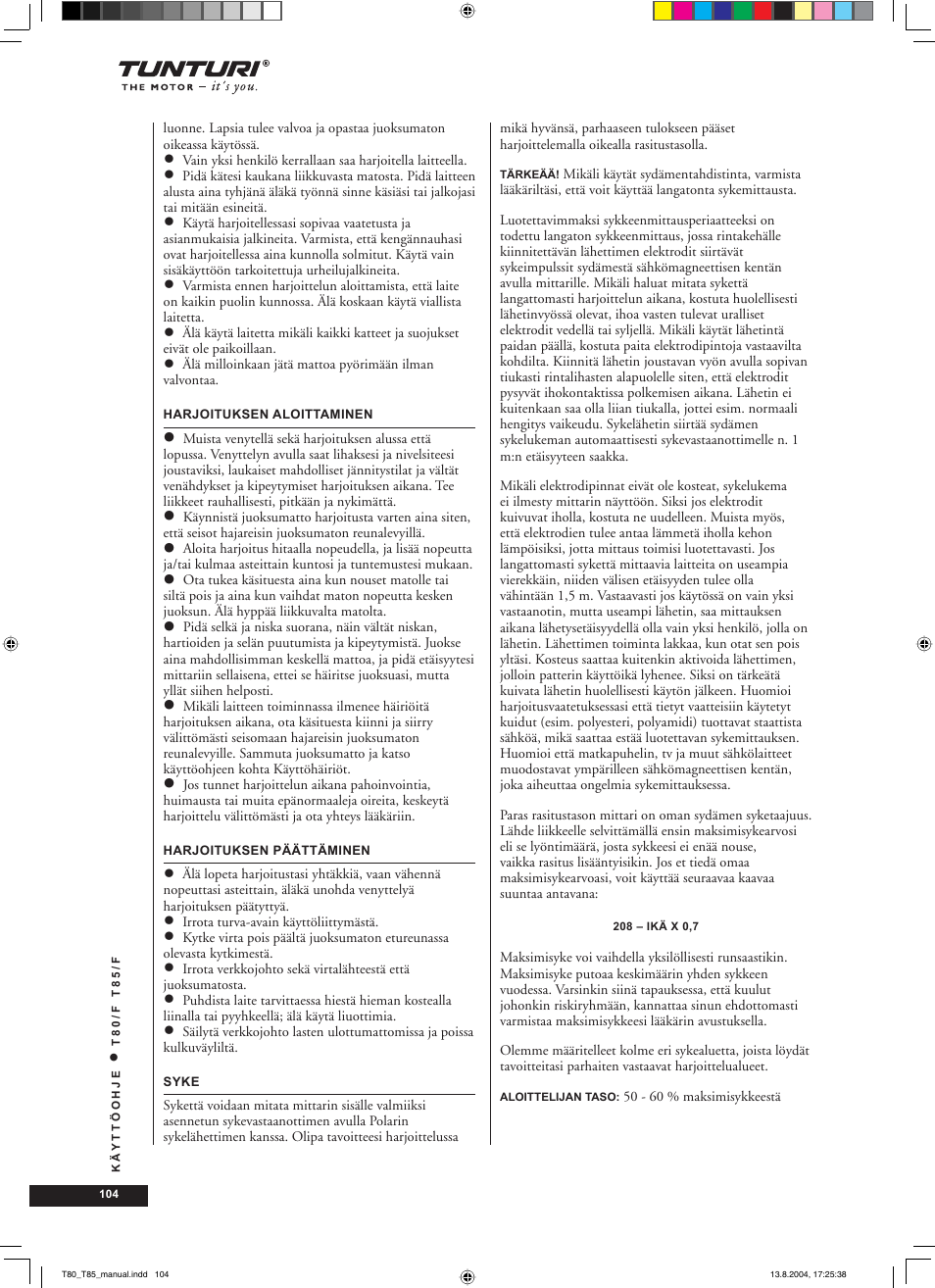 Tunturi T80/F User Manual | Page 104 / 120