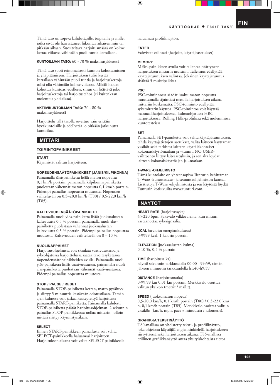 Tunturi T80/F User Manual | Page 105 / 120