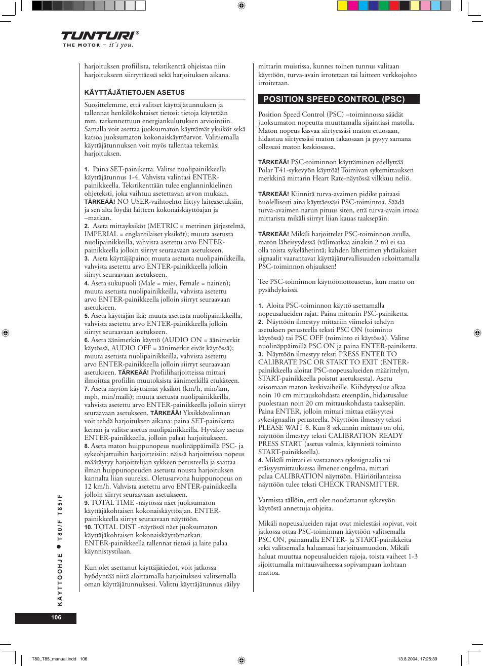 Tunturi T80/F User Manual | Page 106 / 120