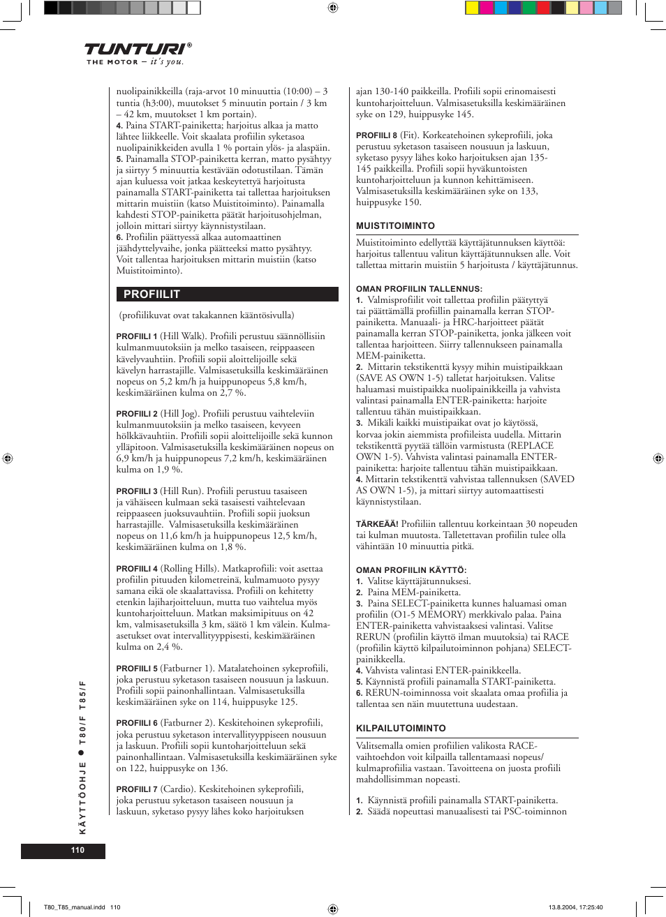 Tunturi T80/F User Manual | Page 110 / 120