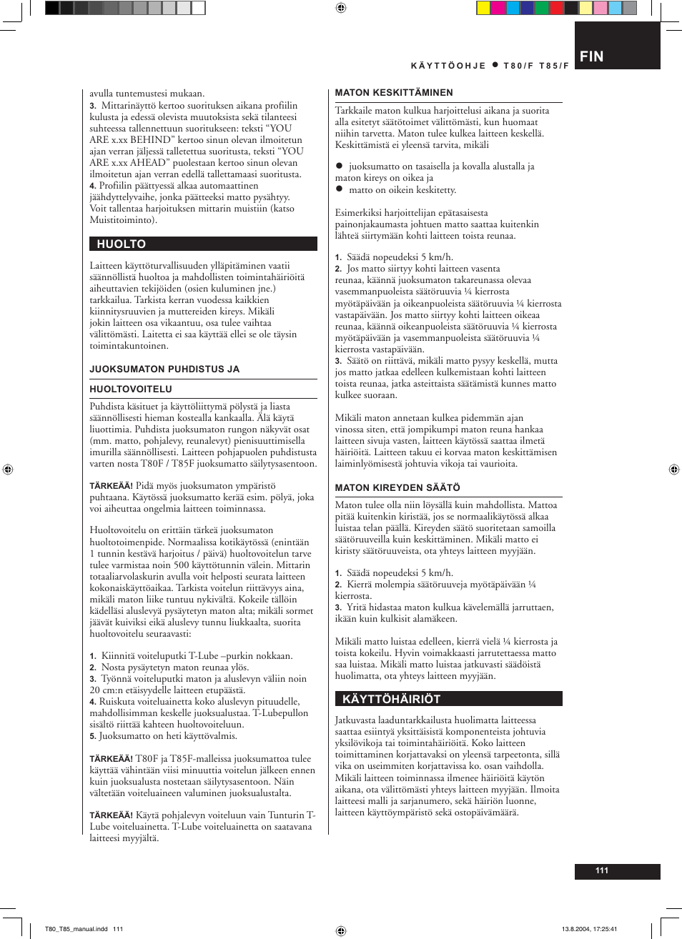 Tunturi T80/F User Manual | Page 111 / 120