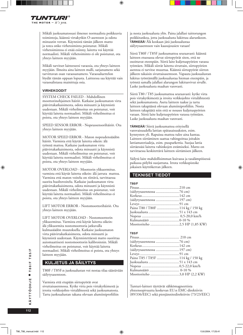 Tunturi T80/F User Manual | Page 112 / 120