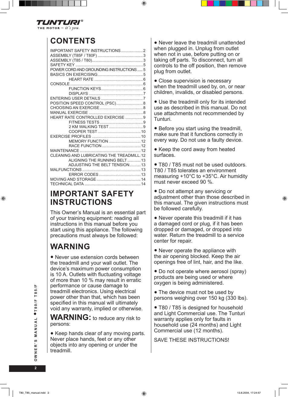 Tunturi T80/F User Manual | Page 2 / 120