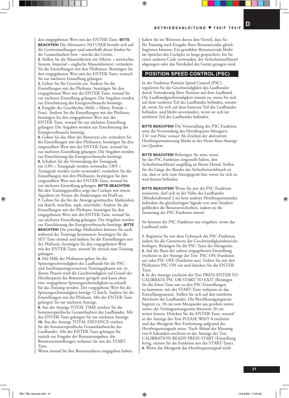 Tunturi T80/F User Manual | Page 21 / 120