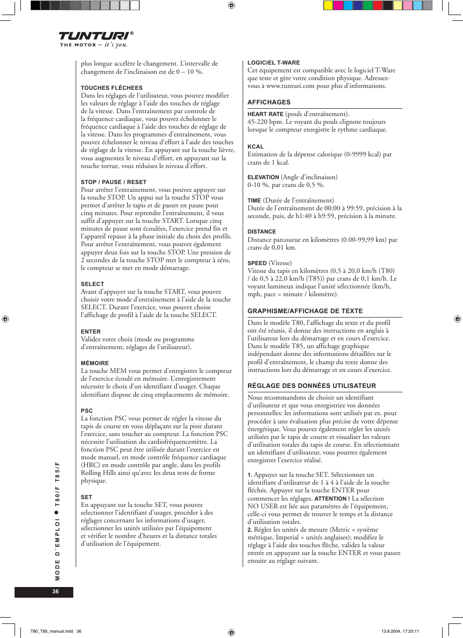 Tunturi T80/F User Manual | Page 36 / 120