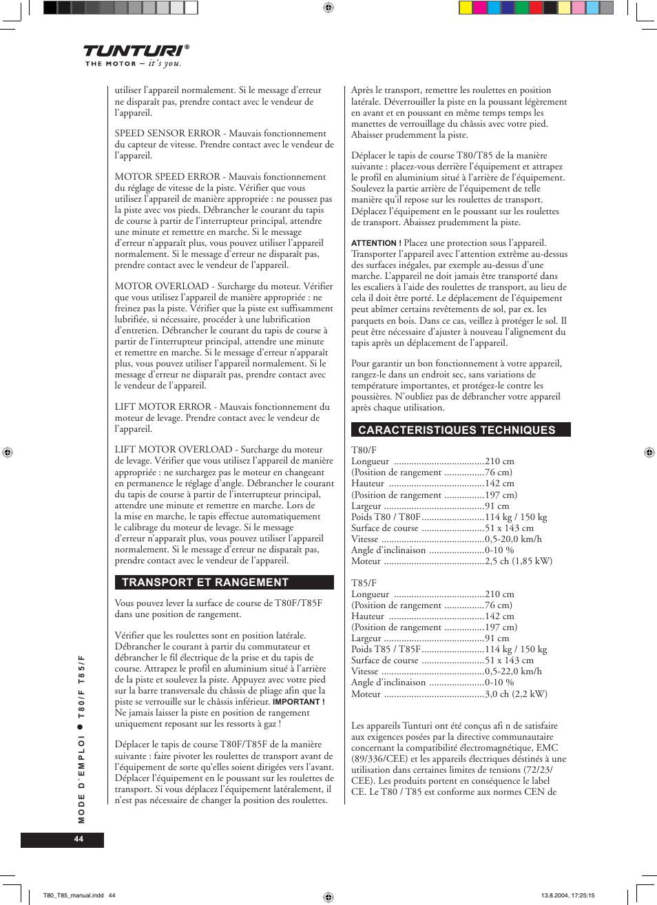 Tunturi T80/F User Manual | Page 44 / 120