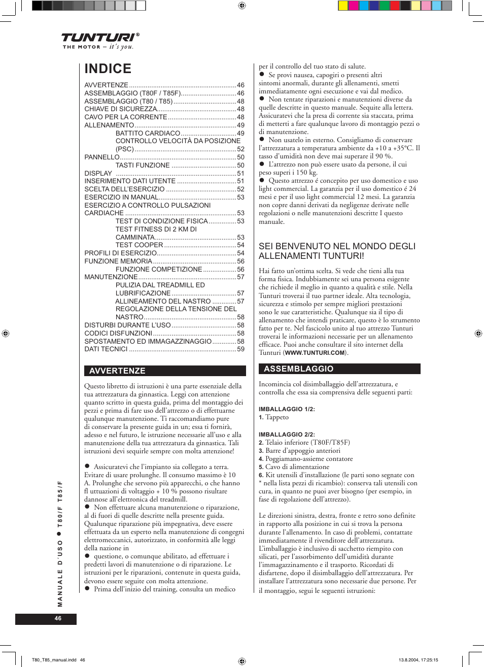 Indice | Tunturi T80/F User Manual | Page 46 / 120