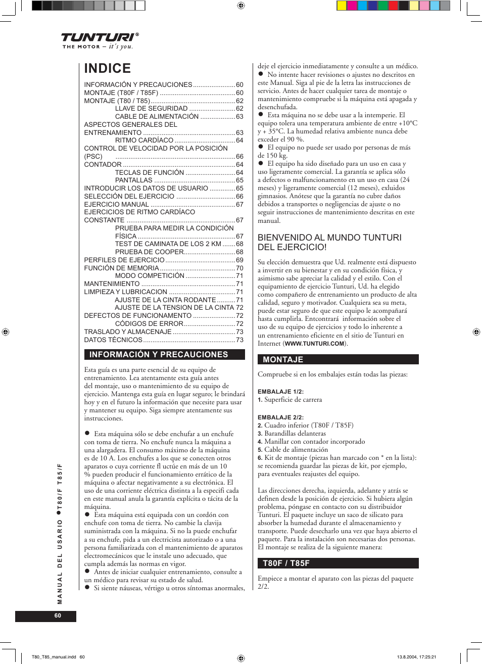 Indice | Tunturi T80/F User Manual | Page 60 / 120