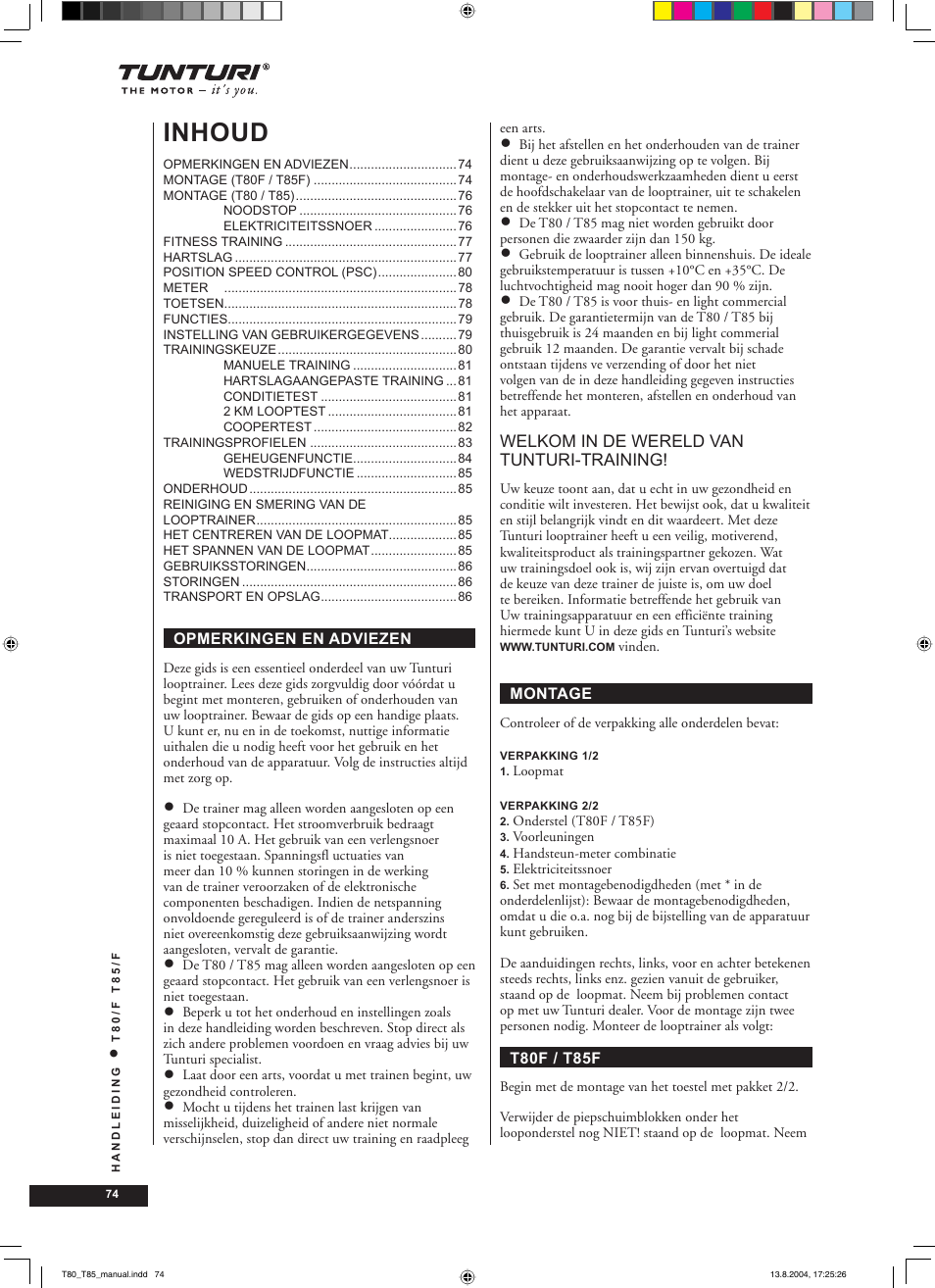 Inhoud | Tunturi T80/F User Manual | Page 74 / 120