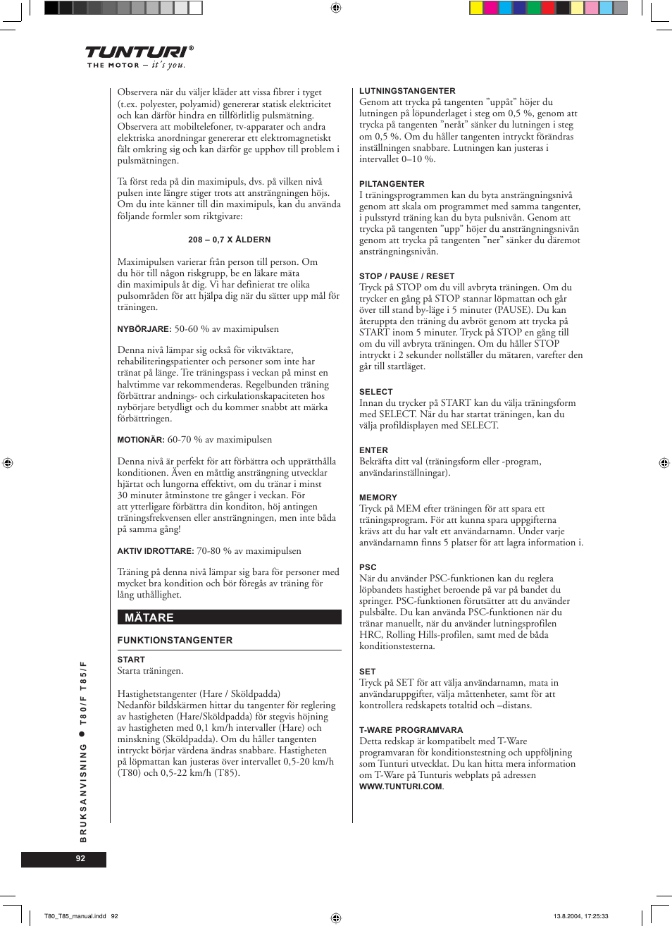 Tunturi T80/F User Manual | Page 92 / 120