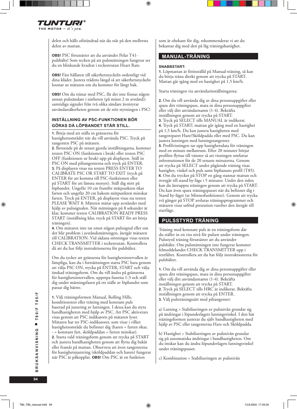 Tunturi T80/F User Manual | Page 94 / 120