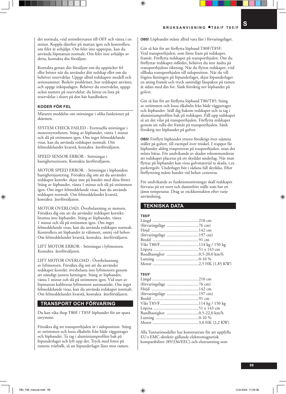 Tunturi T80/F User Manual | Page 99 / 120