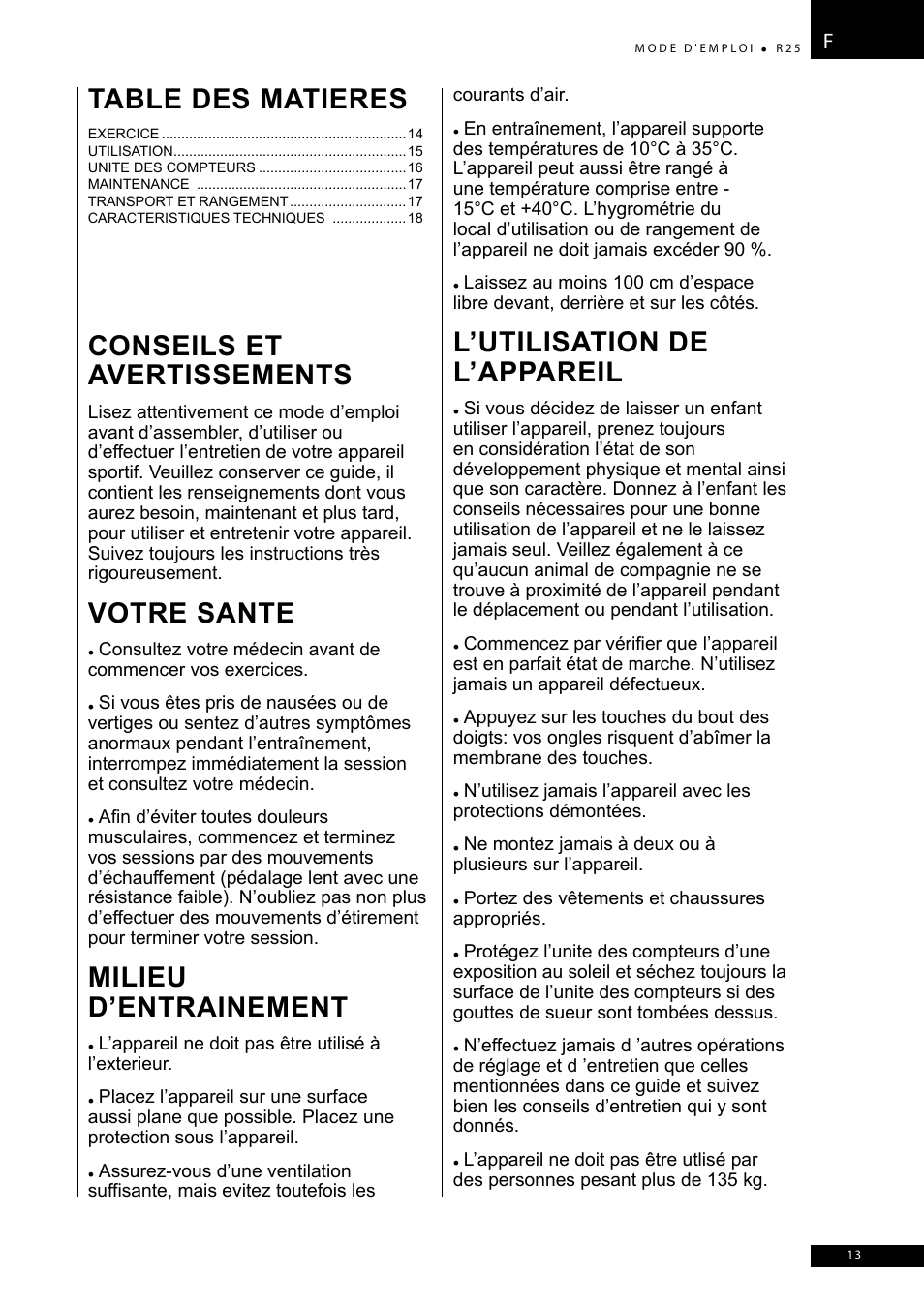 Conseils et avertissements, Votre sante, Milieu d’entrainement | L’utilisation de l’appareil, Table des matieres | Tunturi R25 User Manual | Page 13 / 58