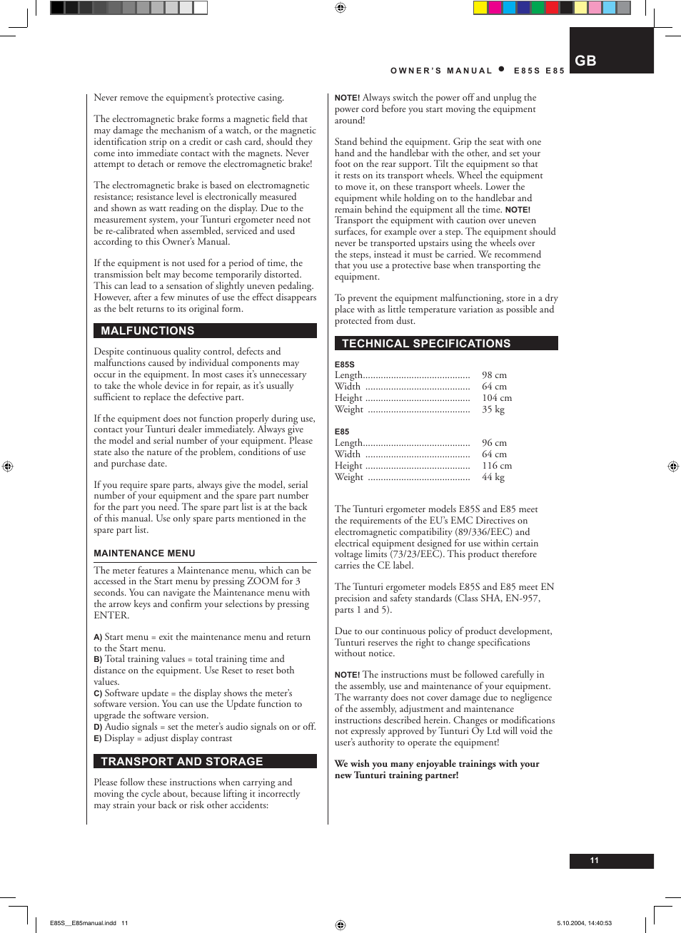 Tunturi E85S User Manual | Page 11 / 92