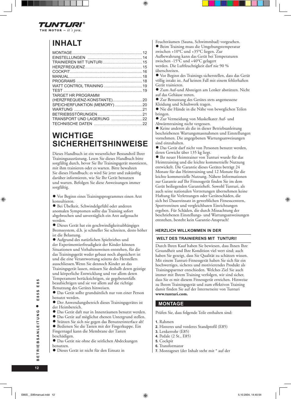 Inhalt, Wichtige sicherheitshinweise | Tunturi E85S User Manual | Page 12 / 92