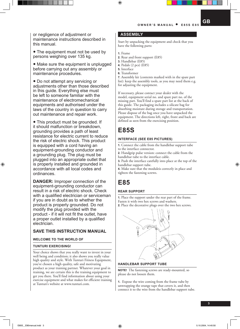 E85s | Tunturi E85S User Manual | Page 3 / 92
