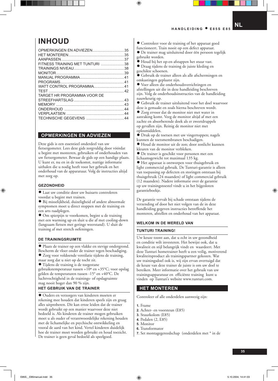 Inhoud | Tunturi E85S User Manual | Page 35 / 92