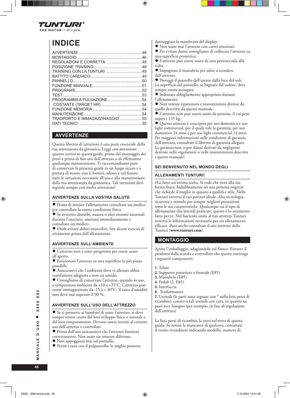 Indice | Tunturi E85S User Manual | Page 46 / 92