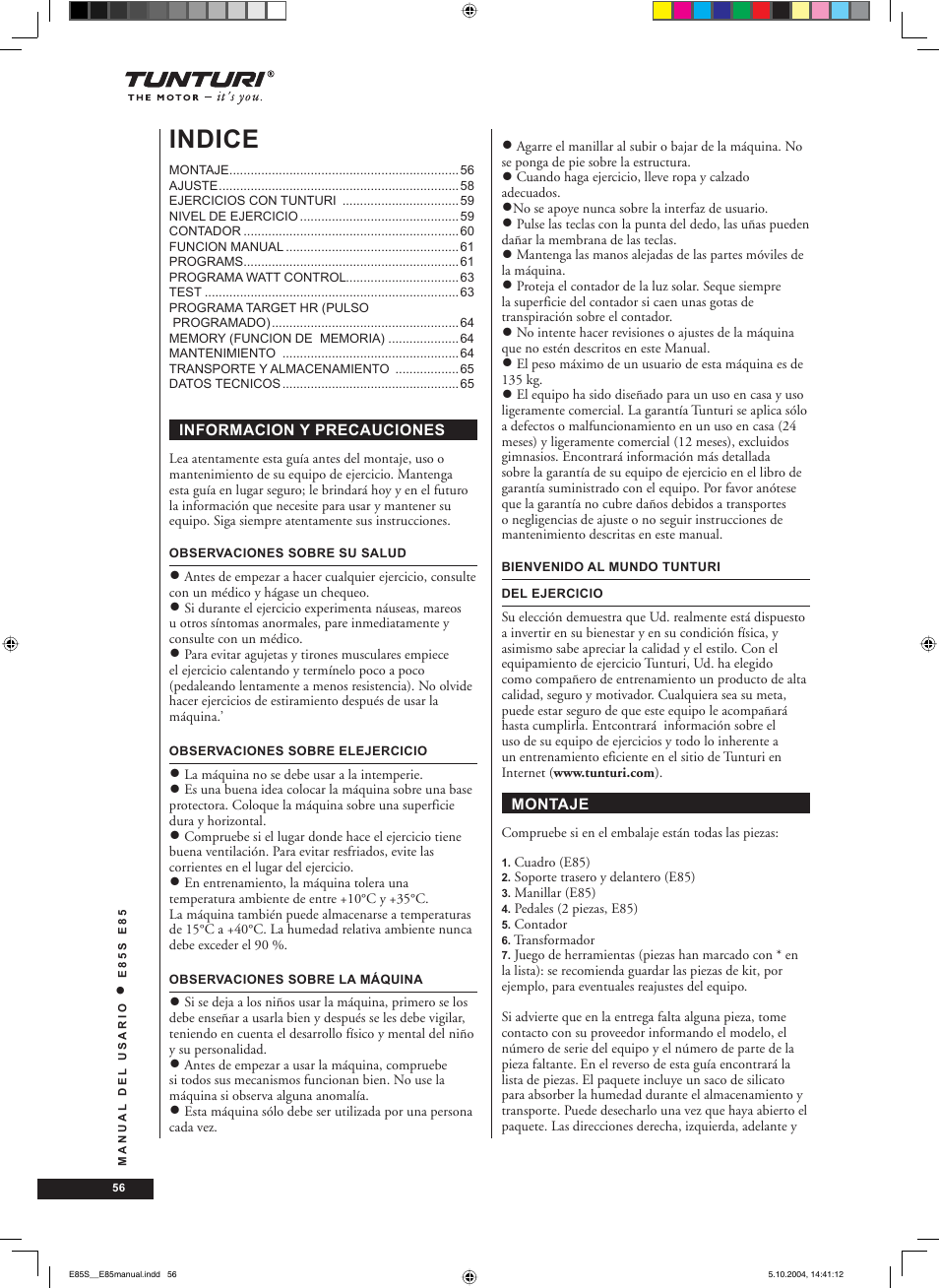 Indice | Tunturi E85S User Manual | Page 56 / 92