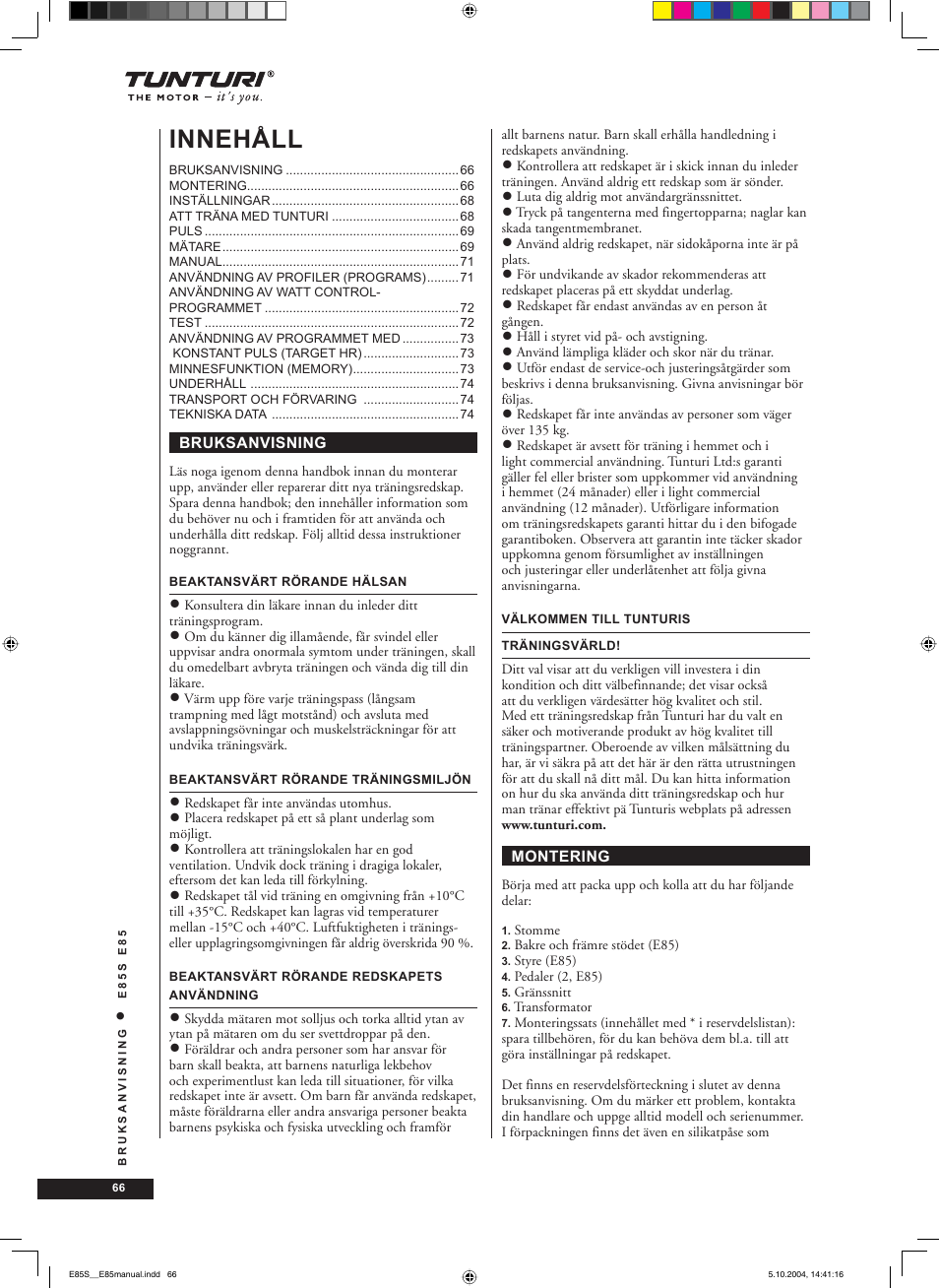 Innehåll | Tunturi E85S User Manual | Page 66 / 92