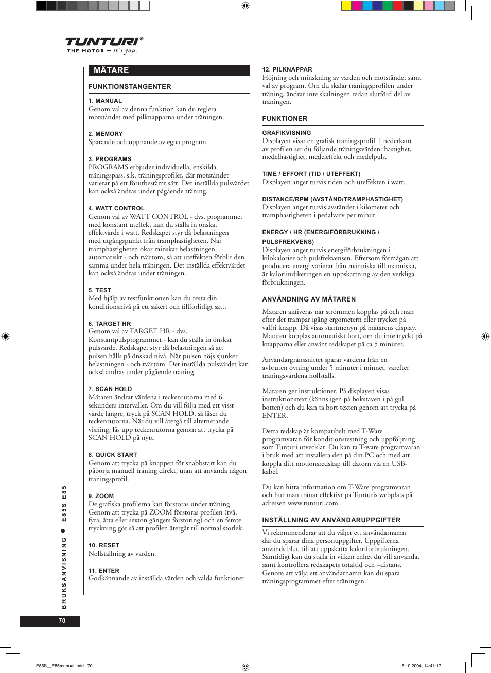 Tunturi E85S User Manual | Page 70 / 92