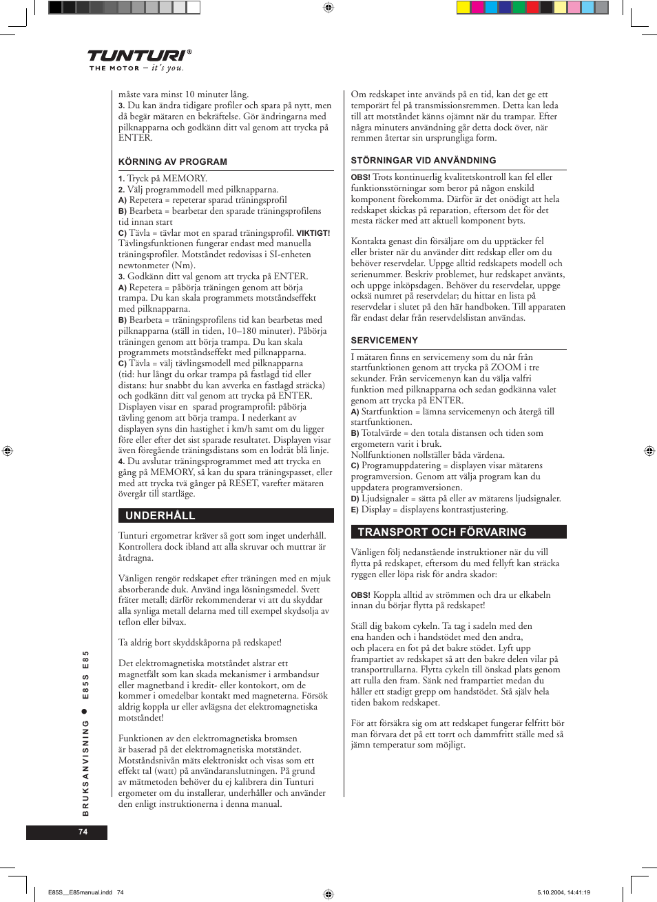 Tunturi E85S User Manual | Page 74 / 92