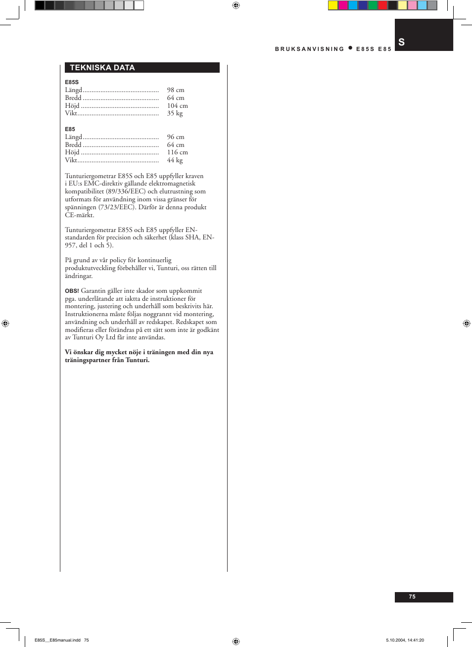 Tunturi E85S User Manual | Page 75 / 92