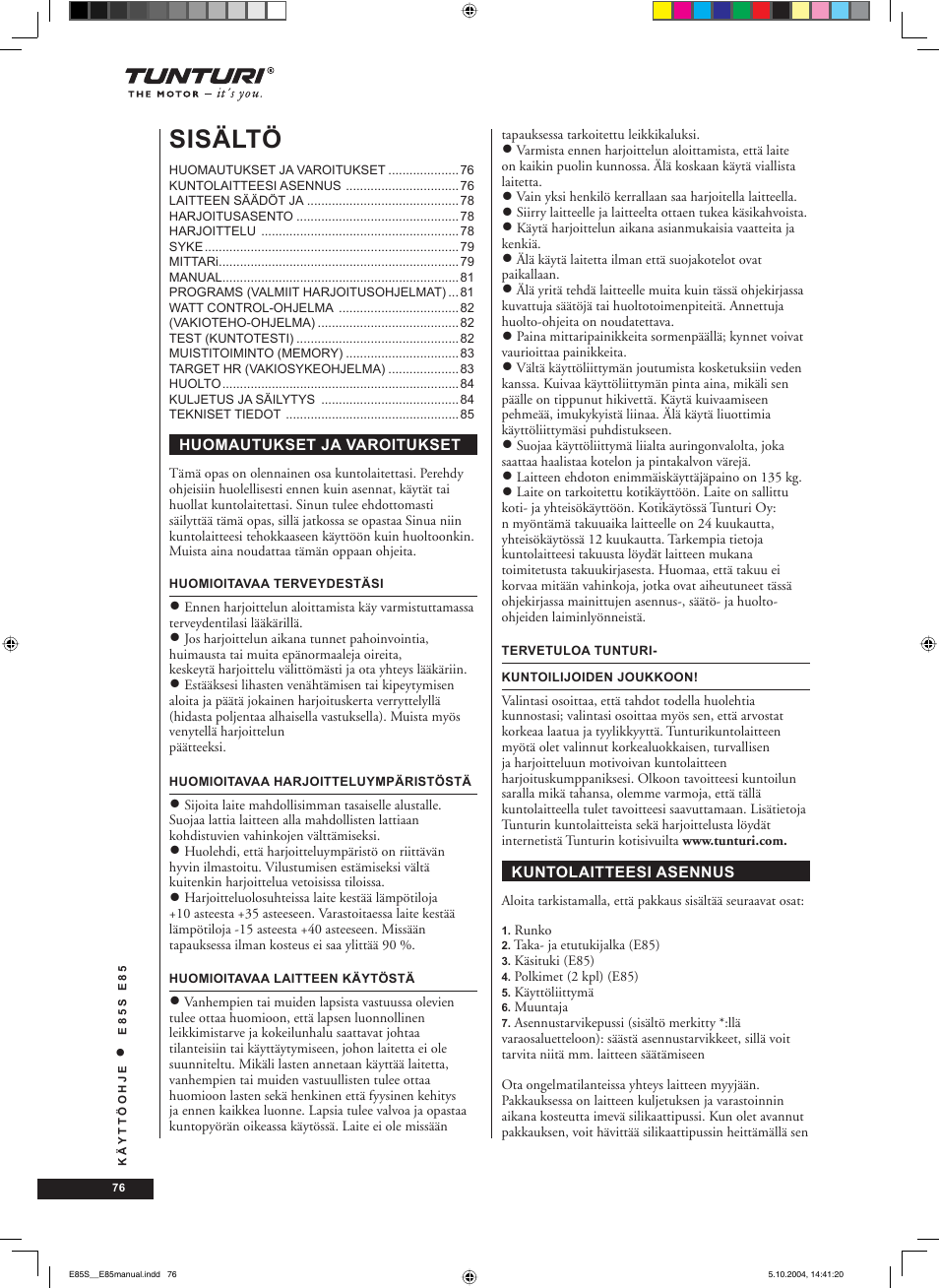 Sisältö | Tunturi E85S User Manual | Page 76 / 92
