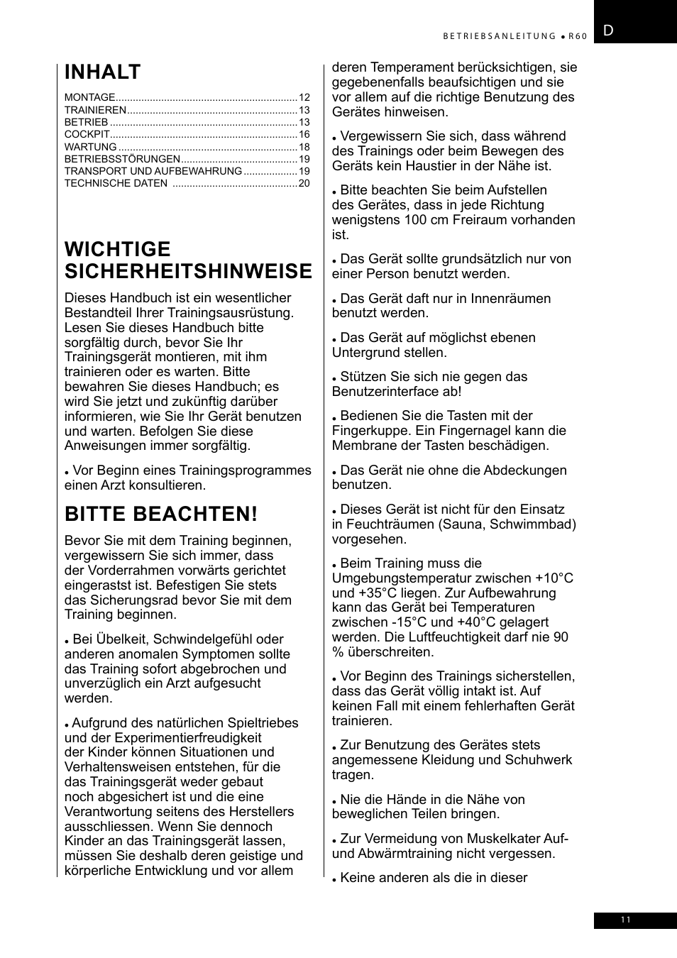 Wichtige sicherheitshinweise, Bitte beachten, Inhalt | Tunturi R60 User Manual | Page 11 / 84