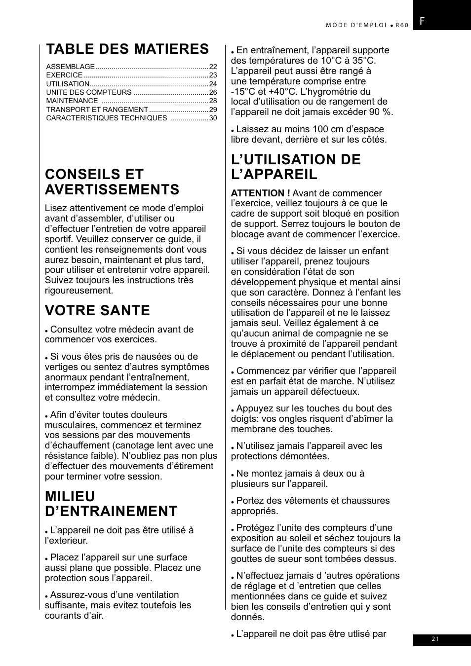 Conseils et avertissements, Votre sante, Milieu d’entrainement | L’utilisation de l’appareil, Table des matieres | Tunturi R60 User Manual | Page 21 / 84