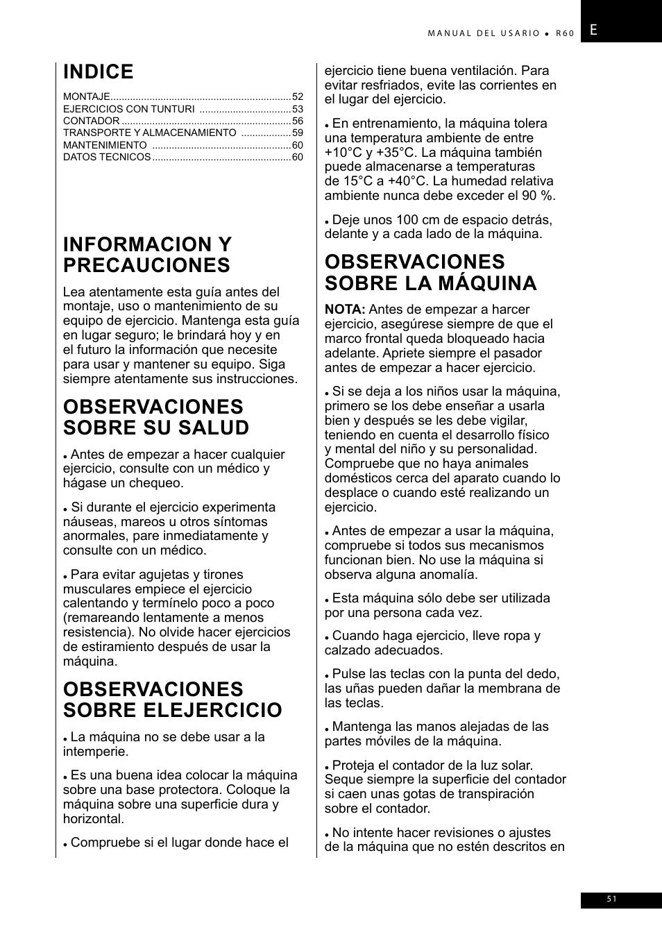 Informacion y precauciones, Observaciones sobre su salud, Observaciones sobre elejercicio | Observaciones sobre la máquina, Indice | Tunturi R60 User Manual | Page 51 / 84