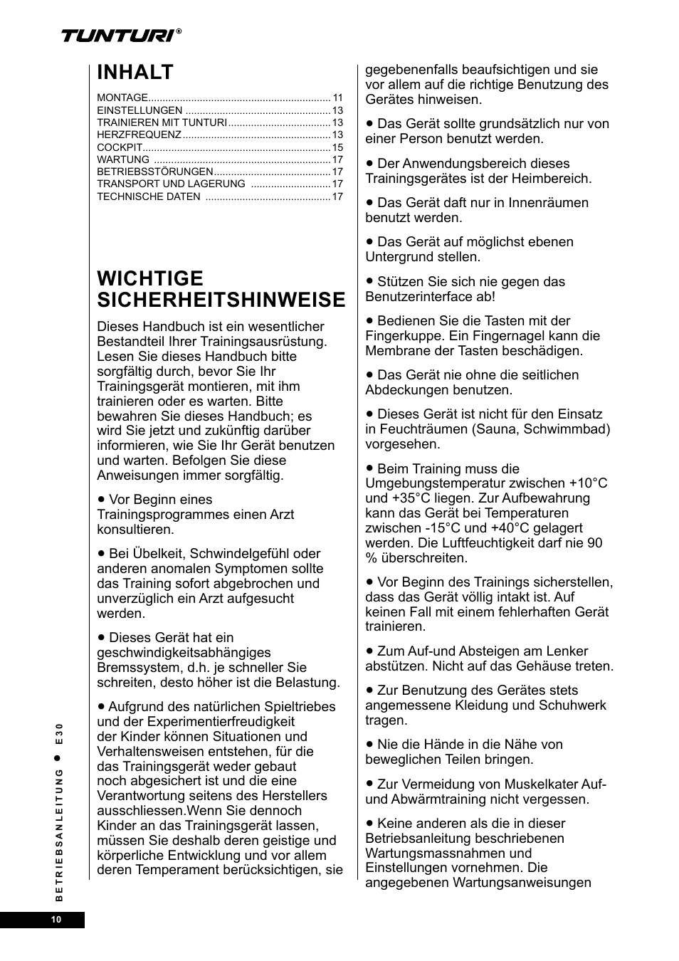 Wichtige sicherheitshinweise, Inhalt | Tunturi E30 User Manual | Page 10 / 72