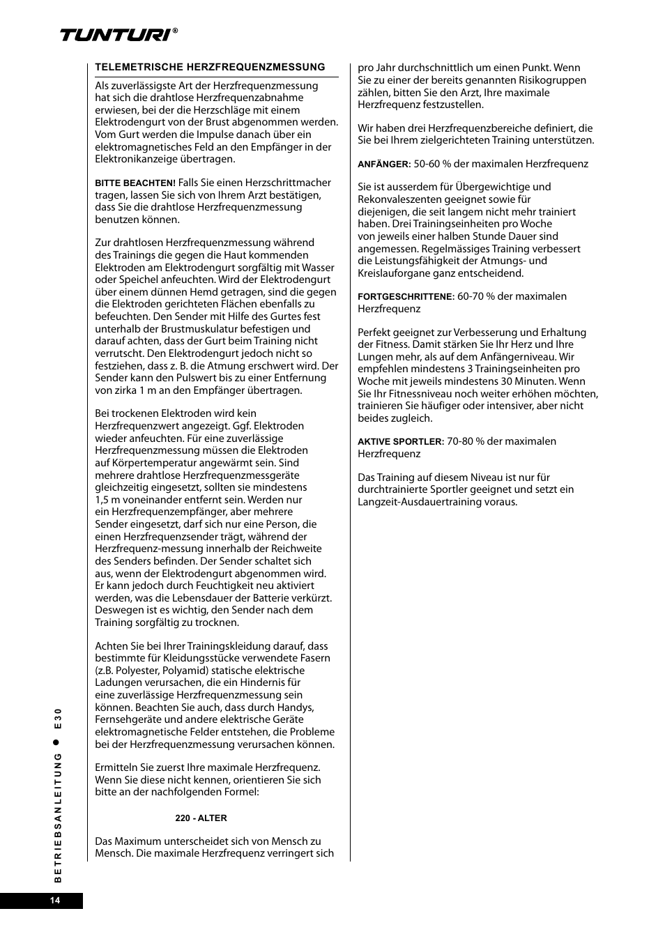 Tunturi E30 User Manual | Page 14 / 72