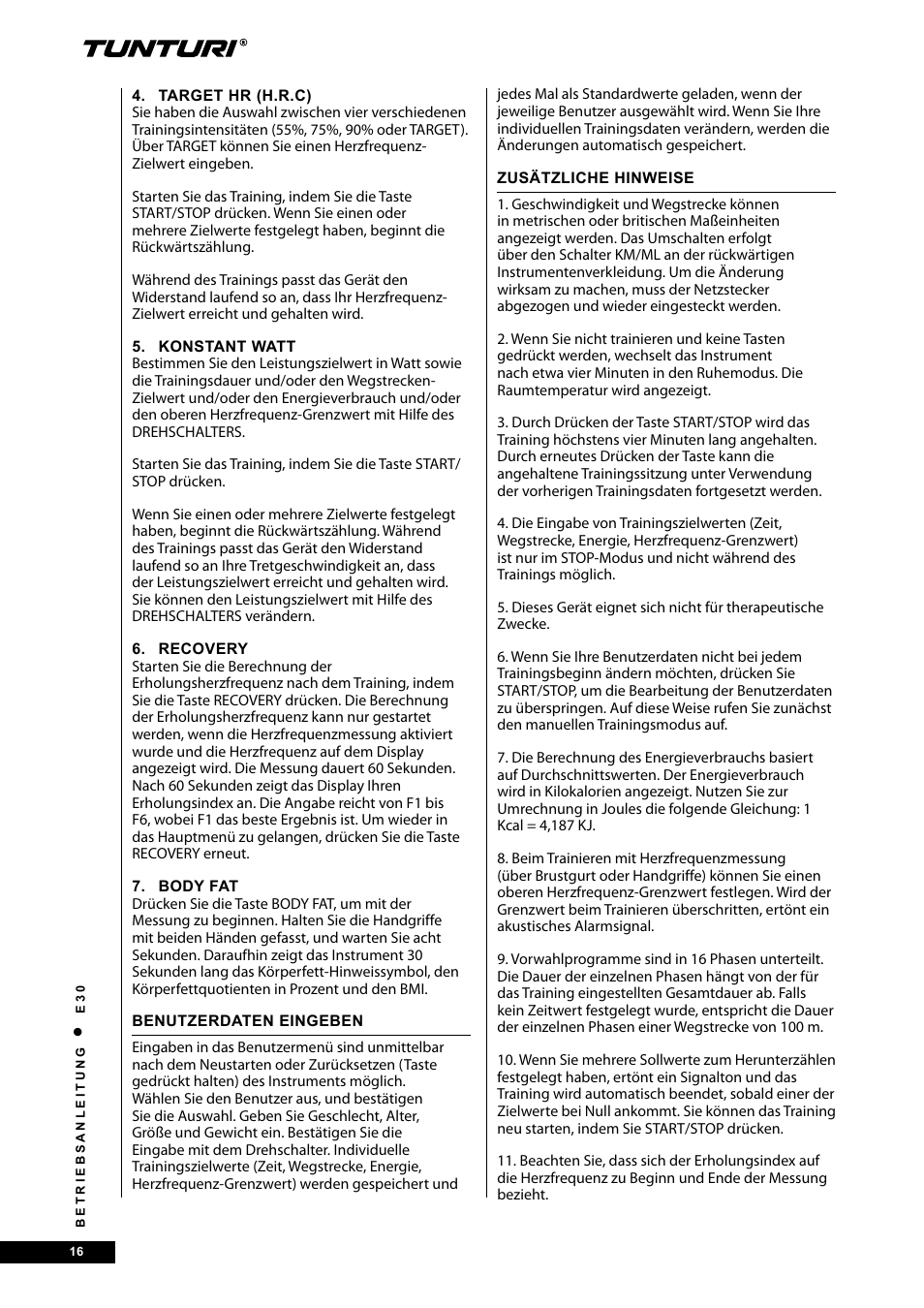 Tunturi E30 User Manual | Page 16 / 72