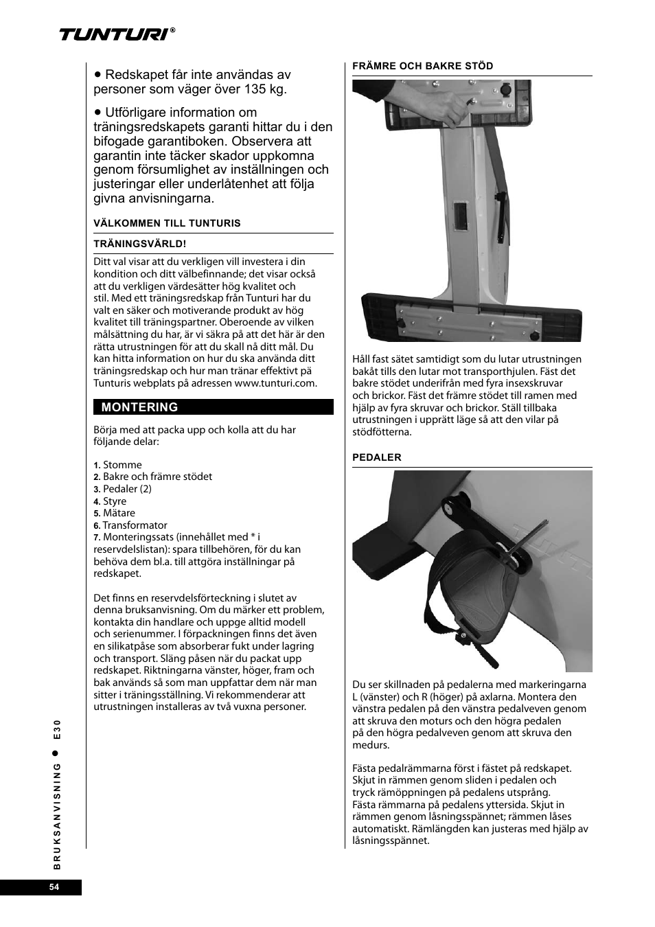 Tunturi E30 User Manual | Page 54 / 72