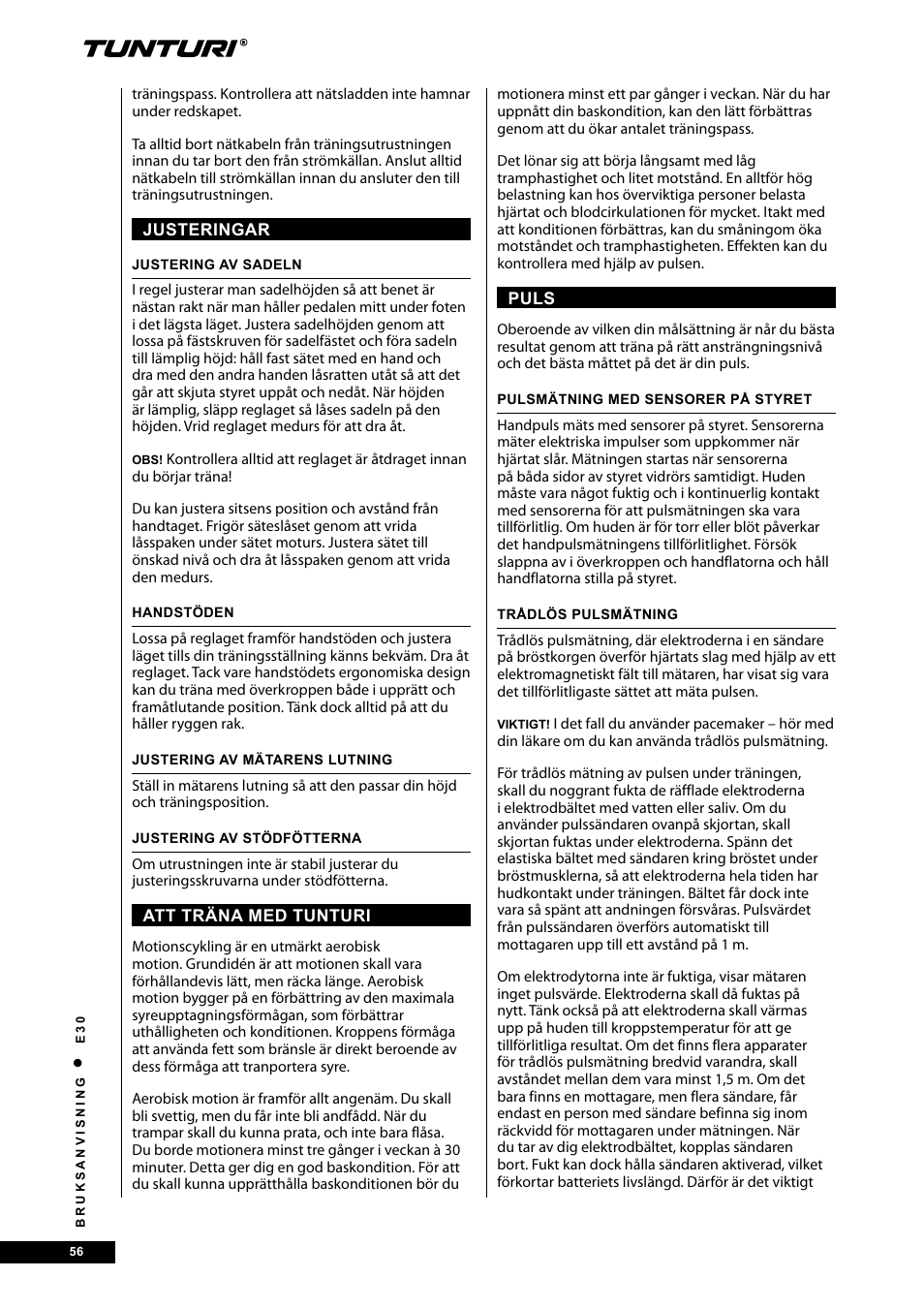 Tunturi E30 User Manual | Page 56 / 72