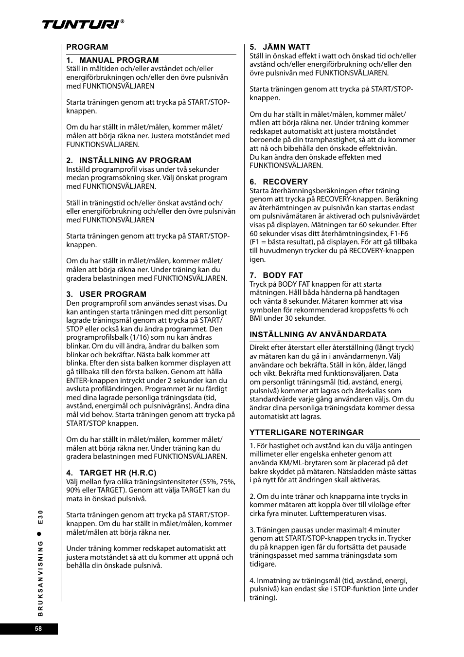 Tunturi E30 User Manual | Page 58 / 72