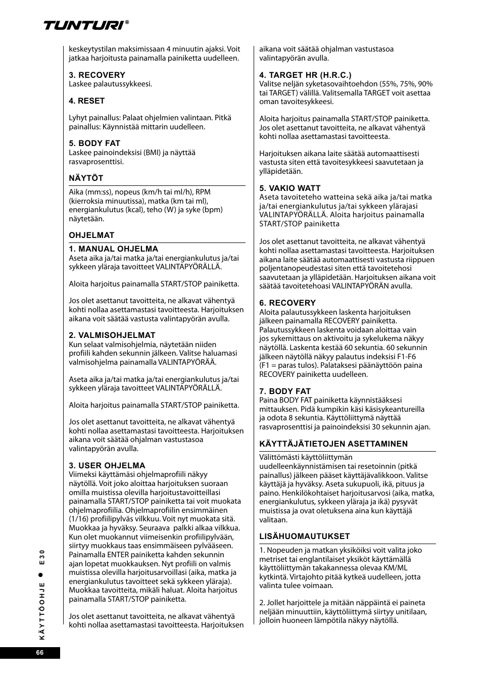 Tunturi E30 User Manual | Page 66 / 72